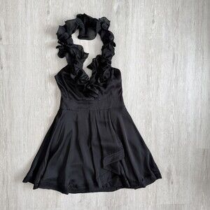 Bebe Dress 100% Silk Black Ruffle Halter Mini Y2K Vintage Cocktail Size Small